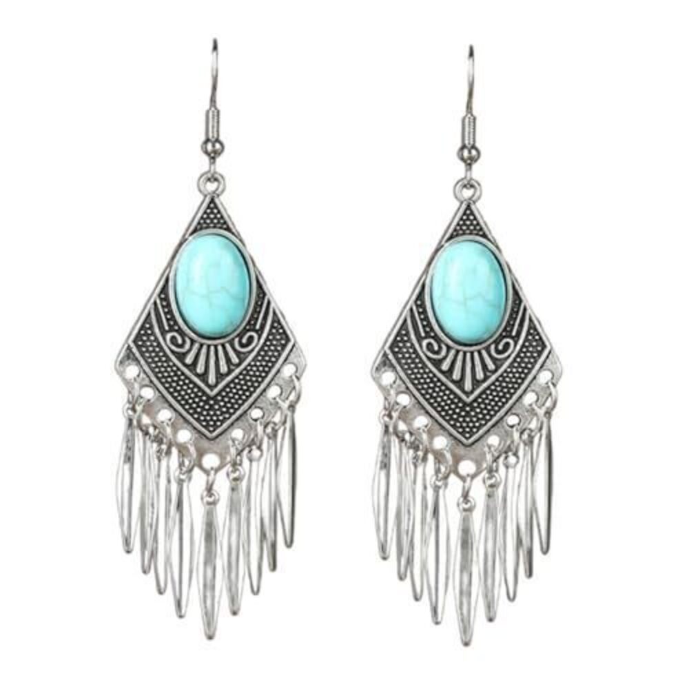 9314 Boho Handmade Vintage Turquoise Earrings Dangling Silver Bohemian
